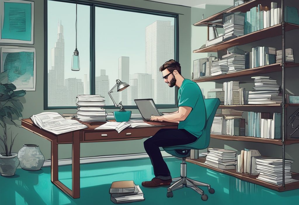 Modern photorealistic illustration of a successful real estate novelist at a sleek desk in a stylish loft, surrounded by teal-themed blueprints, house models, and books.