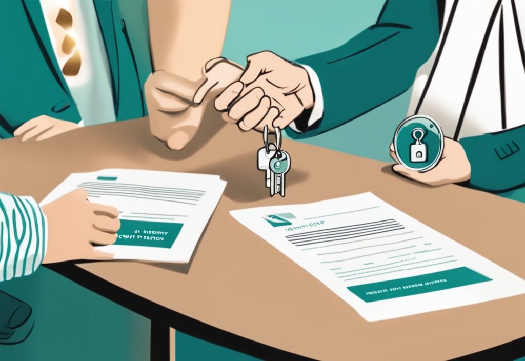 Modern photorealistic illustration of a teal-themed scene with a person handing over a house key to another, 'Power of Attorney' document on table.