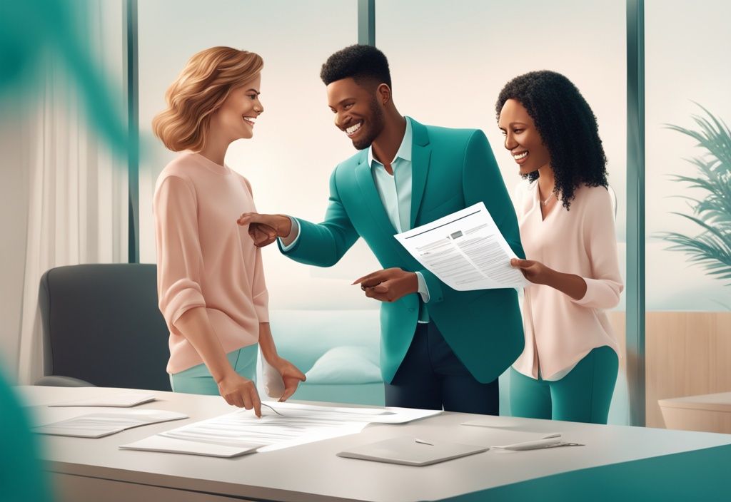 Real estate agent with teal theme pointing at ratified agreement held by happy couple.