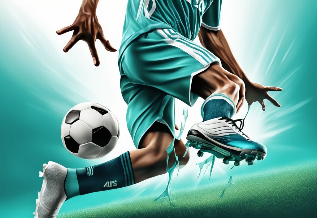 Photorealistic illustration of a soccer player's ankle experiencing an avulsion fracture, highlighting a teal color theme with a bone chip separating from the main bone.