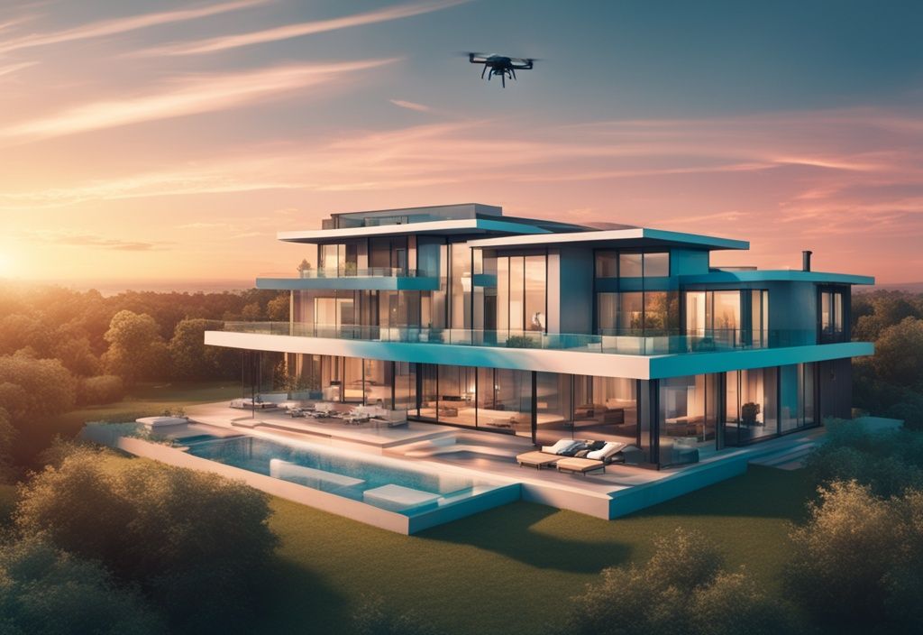 Modern photorealistic illustration of a high-quality drone hovering at sunset, capturing a panoramic view of a luxurious property, with a teal color theme.