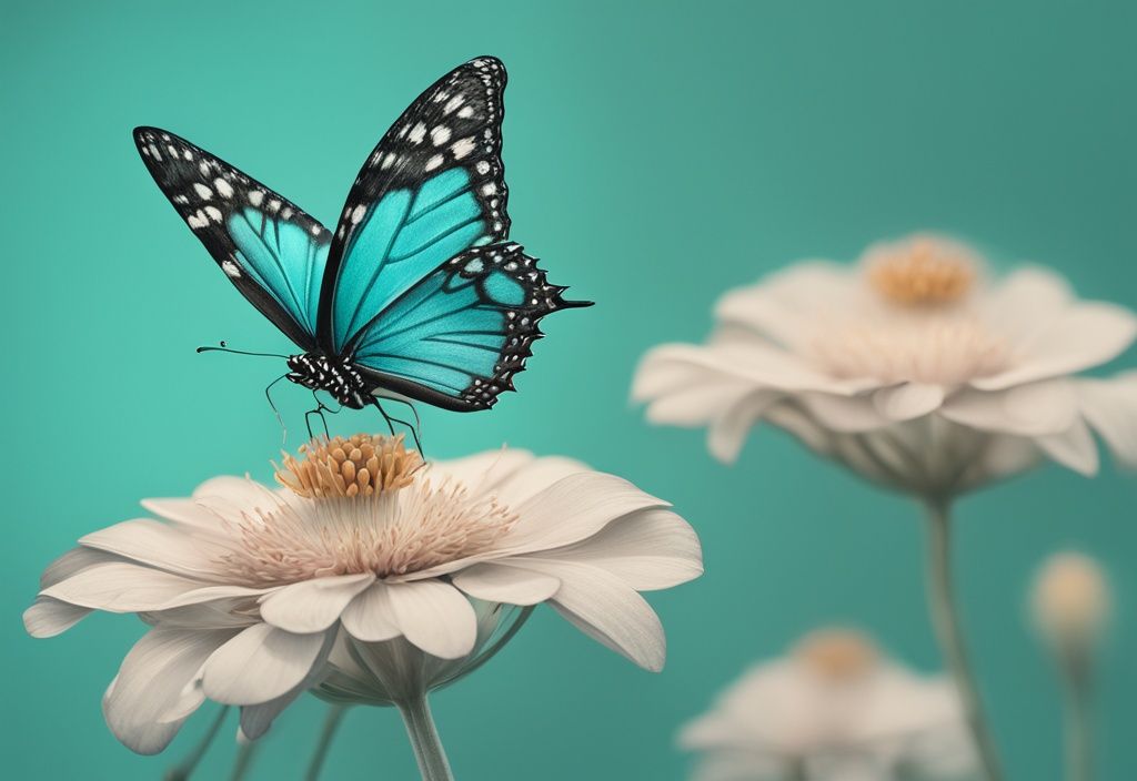 Photorealistic teal-themed illustration of a butterfly on a flower in the breeze