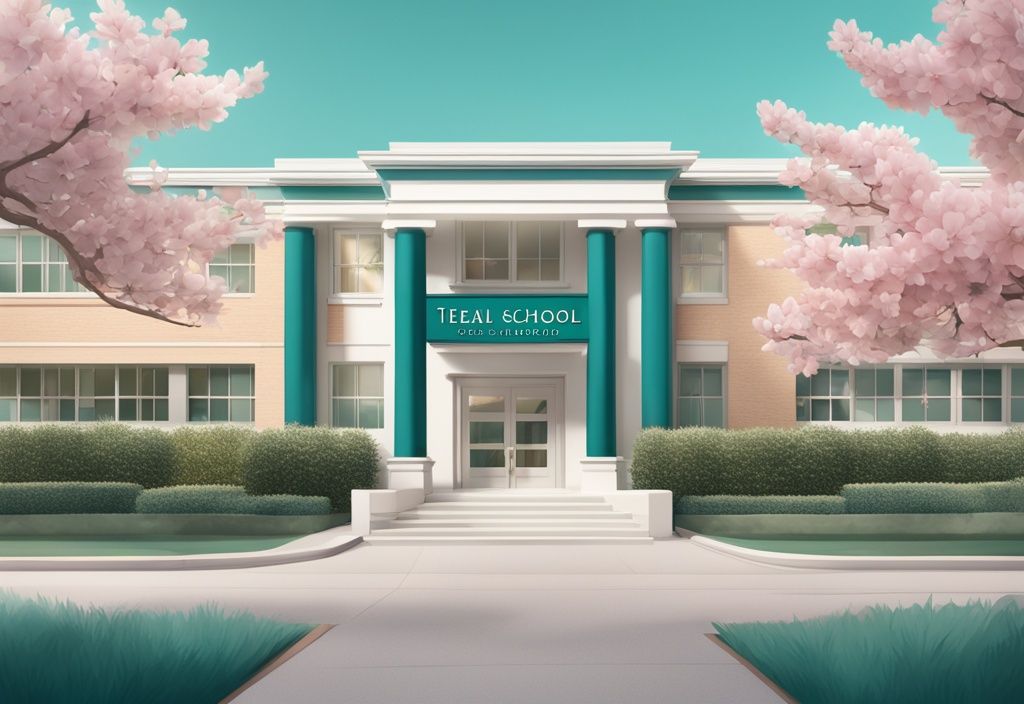 Modern photorealistic illustration of Magnolia School of Real Estate, teal-themed design, surrounded by blooming magnolia trees.