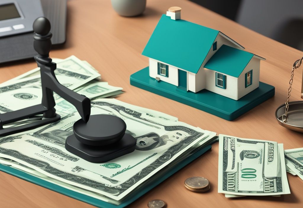 Photorealistic illustration of teal-themed scales weighing cash and a tiny house over a legal document, symbolizing real estate wholesaling legality.