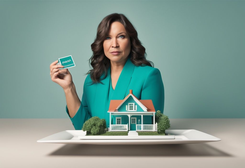 Photorealistic illustration of a real estate agent holding a miniature house and justice scale labeled 'misdemeanor', with a teal color theme.