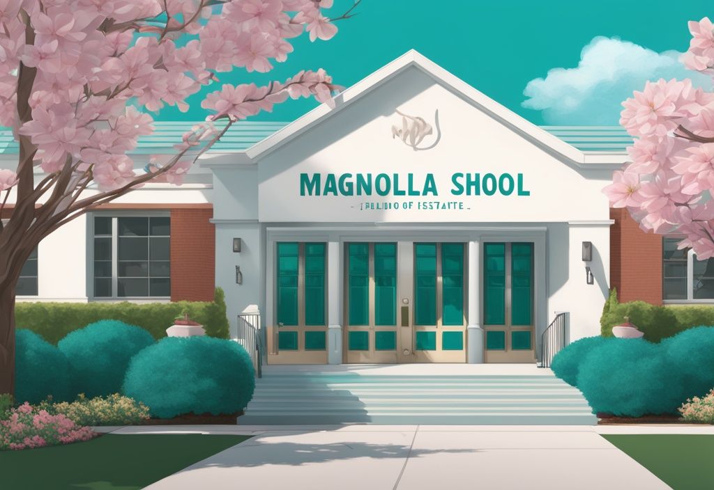 Modern school building illustration with teal theme, "Magnolia School of Real Estate" signage, surrounded by blooming magnolia trees.