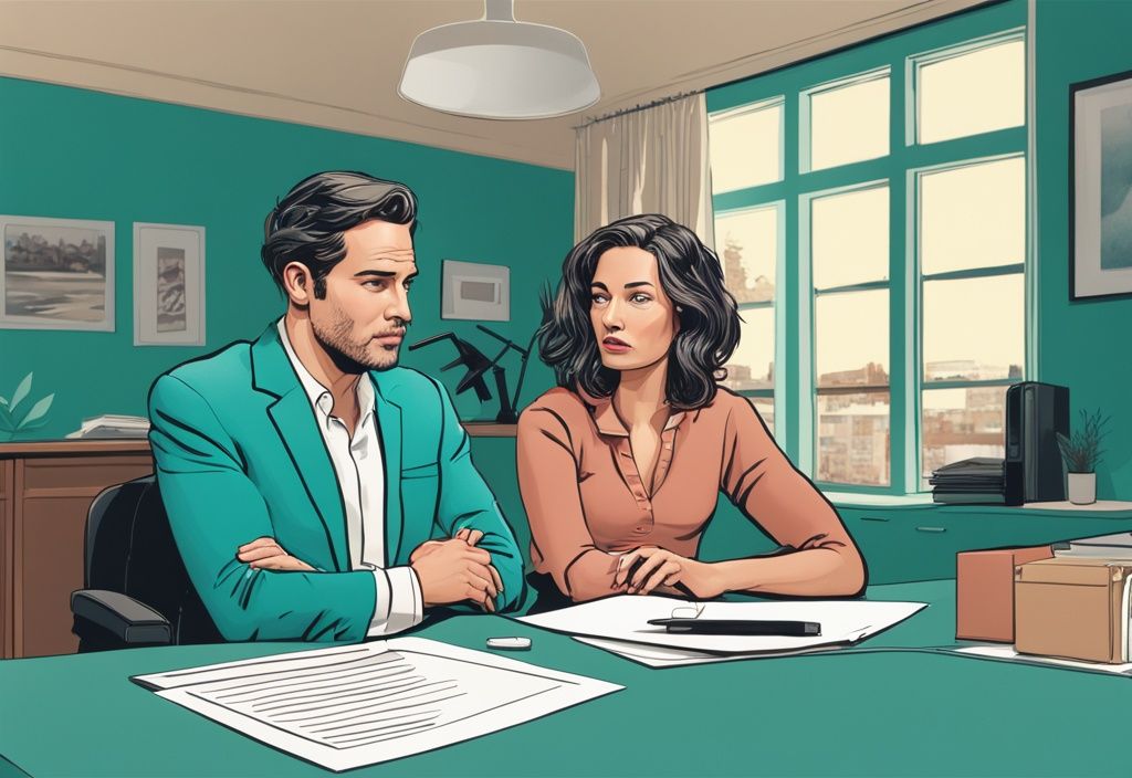 Upset couple with real estate agent in office, teal theme, house model with question mark.