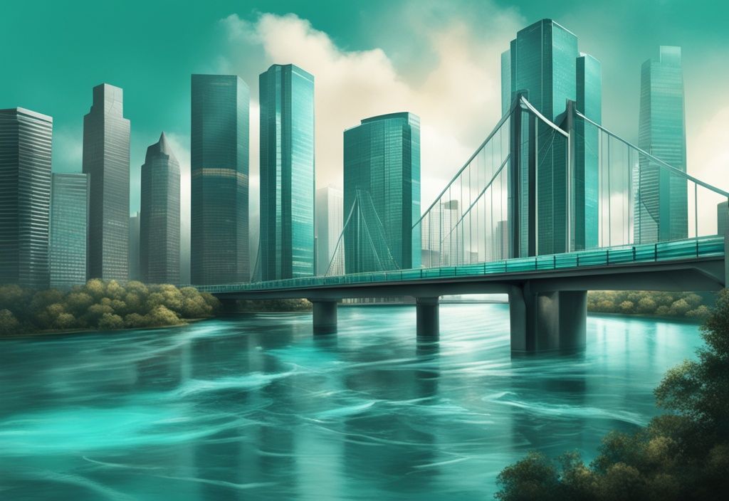 Modern photorealistic illustration of a teal-themed bridge over a river leading to a skyscraper, symbolizing the real estate market.