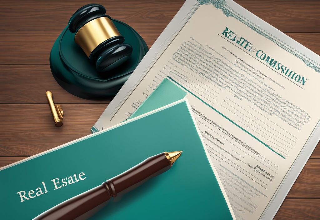 Modern photorealistic illustration of DOJ real estate commission document on wooden desk with gavel and legal paperwork in background, main color theme teal.