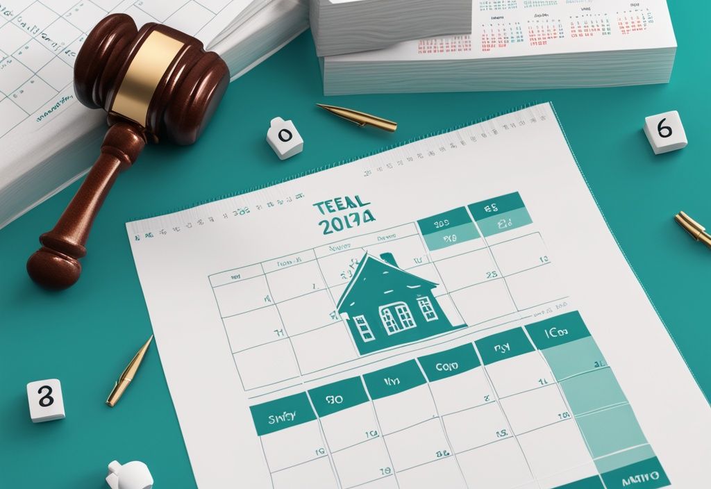 Photorealistic illustration of a teal-themed gavel on a 2024 calendar with miniature model houses.