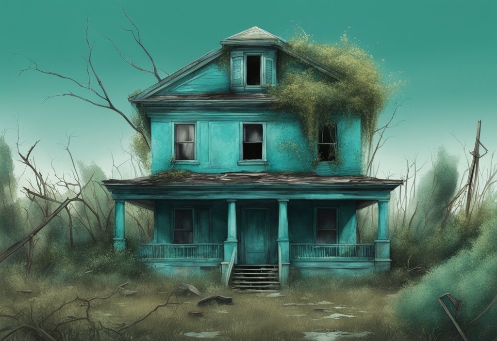 Photorealistic illustration of an abandoned dilapidated house with overgrown vegetation, teal color theme, reliction real estate.