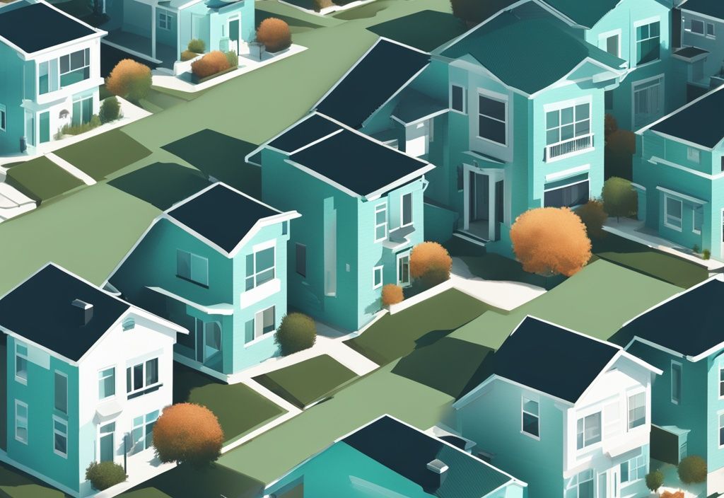 Photorealistic illustration of a diverse neighborhood with teal theme, showcasing fluctuating property values and real estate variance through overlaid numerical graphics.