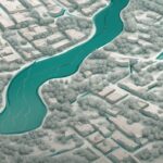 A photorealistic teal-themed illustration depicting the avulsion process in real estate, showcasing a river altering its course by bypassing a meander.