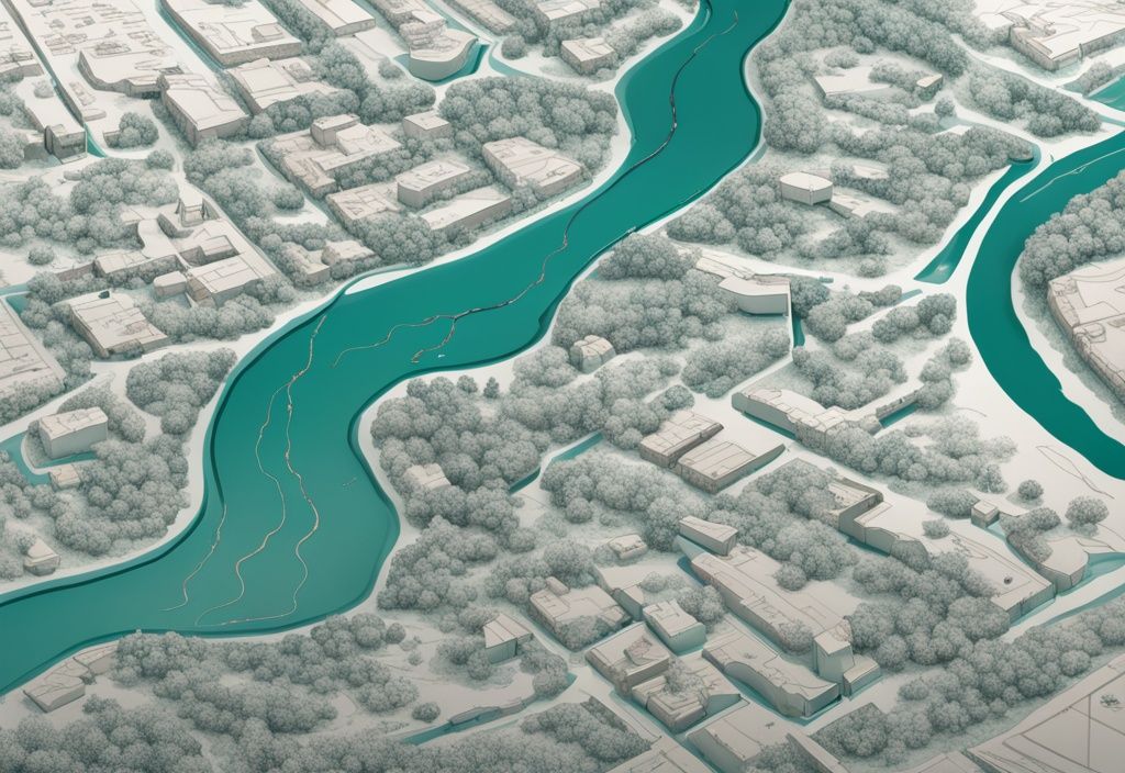 A photorealistic teal-themed illustration depicting the avulsion process in real estate, showcasing a river altering its course by bypassing a meander.