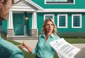 A modern photorealistic illustration featuring a disgruntled homeowner holding a 'Lawsuit' document, pointing at a confused real estate agent in front of a house, highlighting the theme of how much can you sue a real estate agent for, with a teal color scheme.