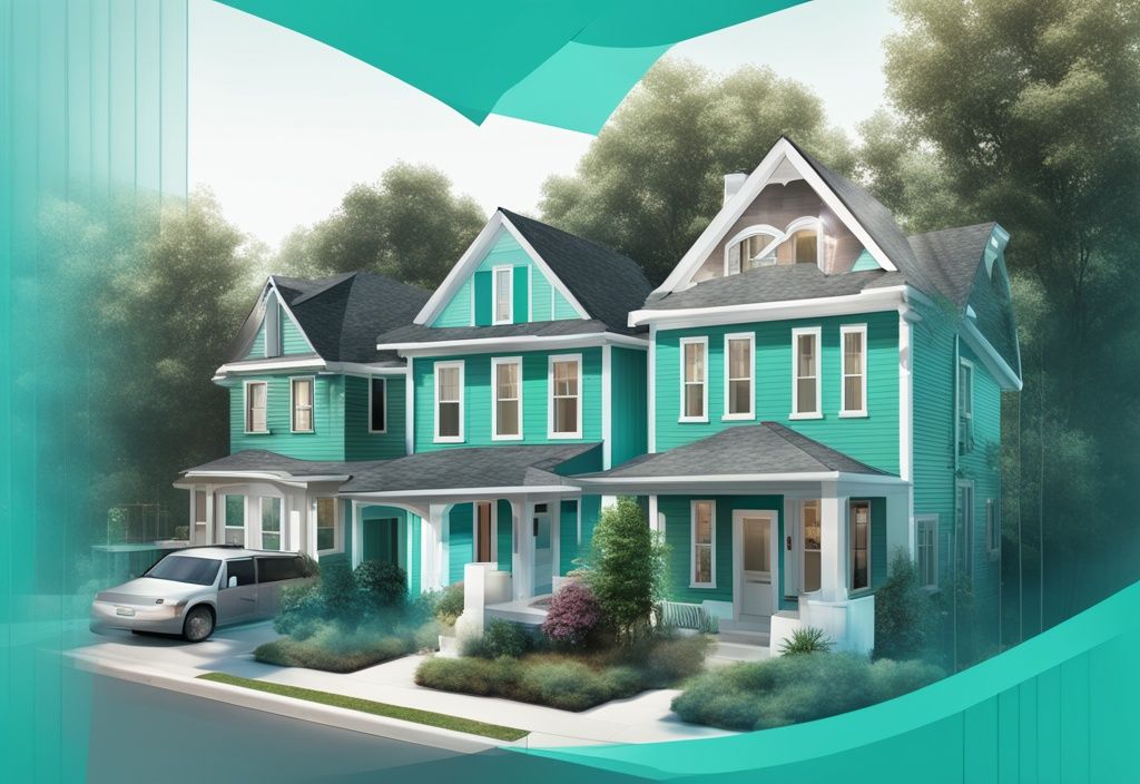 Photorealistic illustration of a diverse neighborhood with teal color theme, showcasing fluctuating property values and real estate variance through overlaid numerical graphics.