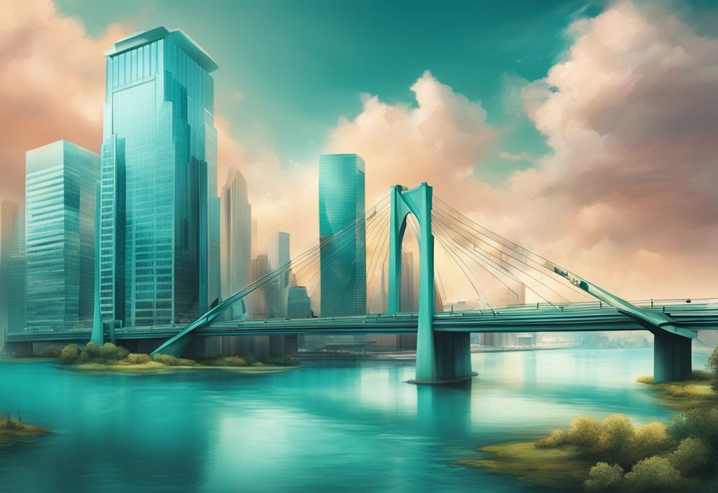 Modern photorealistic illustration of a teal-themed bridge over a river leading to a shiny skyscraper, symbolizing the real estate market.