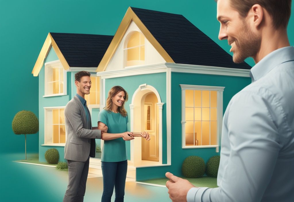 Realtor giving a gold key titled 'Marketable Title' to a happy couple in front of a house, illustrating what is a marketable title in real estate.