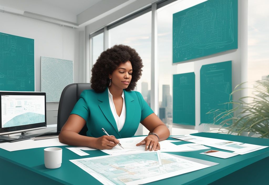 Modern photorealistic illustration of a real estate transaction coordinator, a professional woman at a sleek desk with teal-themed property listings and flowcharts.