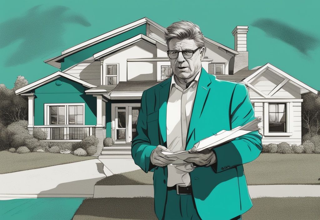 Disgruntled homeowner with 'Lawsuit' document pointing at confused real estate agent in front of house, illustrating how much can you sue a real estate agent for in a modern teal-themed photorealistic image.