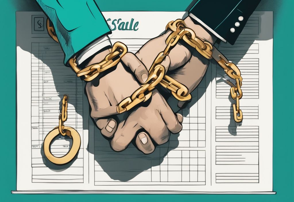 Modern photorealistic illustration of shackled hands with a golden chain holding a housing agreement, set against financial graphs, symbolizing hypothecation in real estate, with a teal color theme.