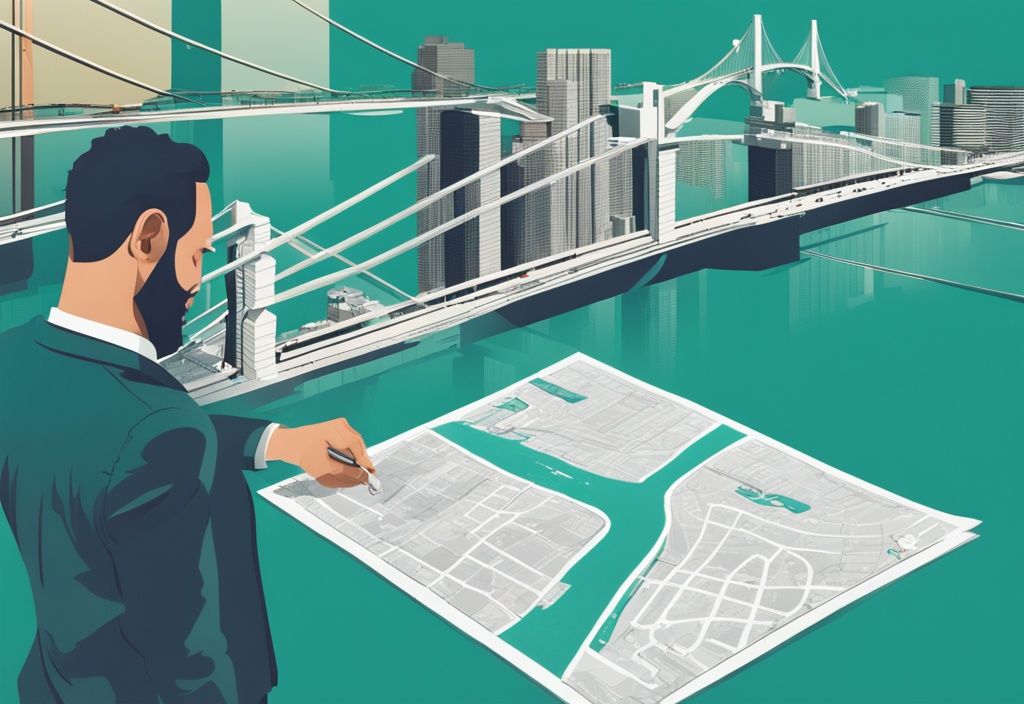 Photorealistic illustration of a real estate agent using the Bridge Method in Real Estate, examining properties on a city map with teal-themed bridge overlays.