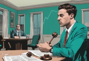 Modern photorealistic illustration of an individual studying real estate with a teal color theme, featuring a thought bubble with a gavel symbolizing a past misdemeanor, addressing the question: can you be a real estate agent with a misdemeanor.