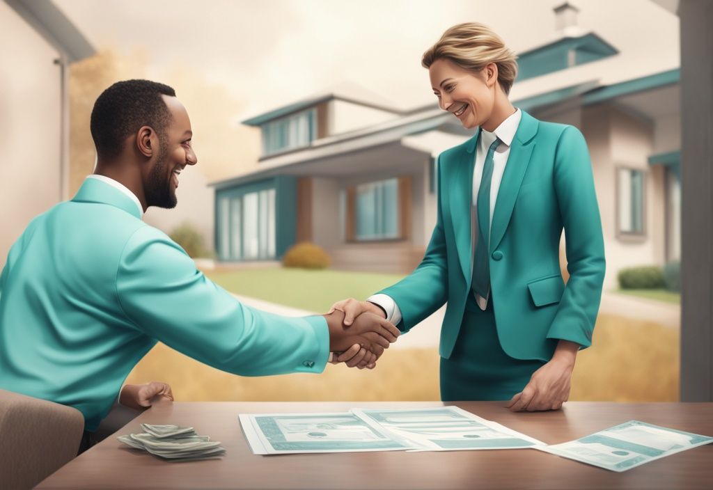 Real estate agent shaking hands with customer, teal-themed, closed house deal contract and money exchange in background.