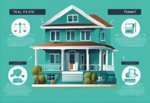 A modern photorealistic illustration with a teal theme, featuring an infographic that breaks down the acronym "PA," explaining what does PA stand for in real estate as "Purchase Agreement" within a real estate transaction context.