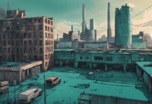 Photorealistic illustration of external obsolescence in real estate, showcasing a teal-themed contrast between an old, deserted industrial area and a thriving new business district in the background.