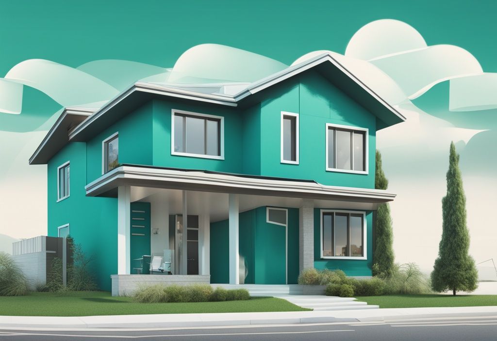 Modern photorealistic illustration of real estate capping concept with a teal color theme, featuring a house with a price tag and overlaying graphs showing potential profit and ROI.