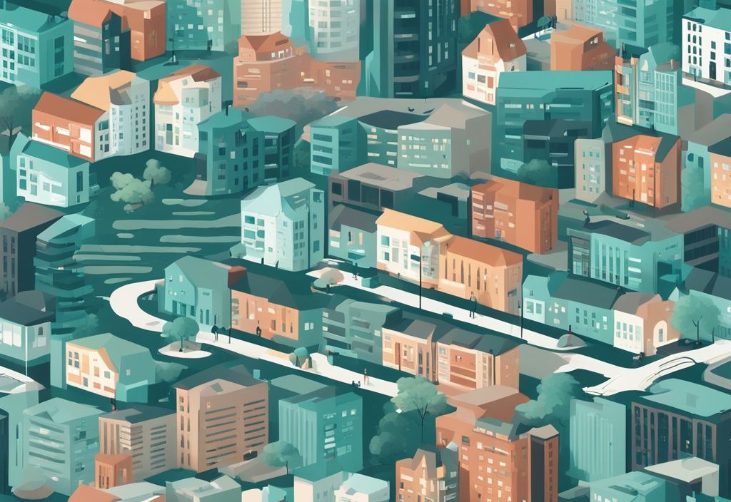 Photorealistic teal-themed city skyline illustration highlighting diverse property types with color-coded demographic groups.