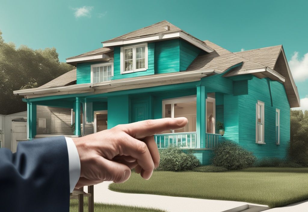 Real estate agent pointing at an aged house needing repair, illustrating what is TLC in real estate with a teal color theme.