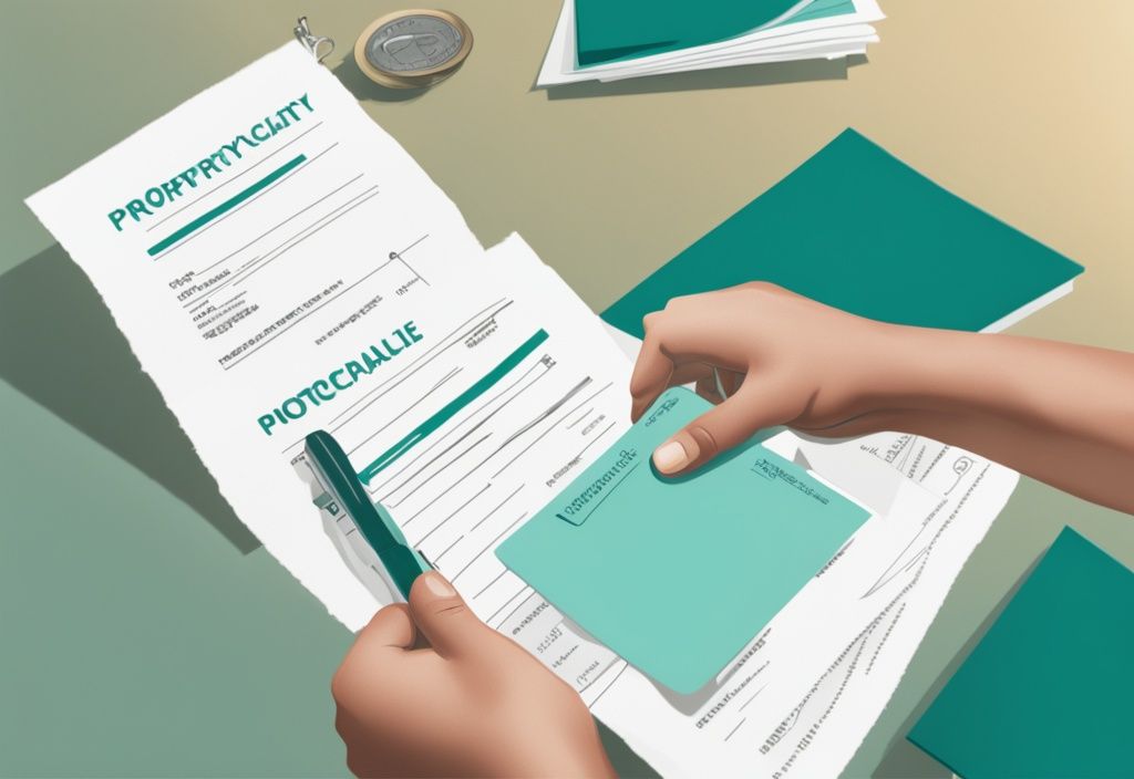 Photorealistic illustration of hands with a teal theme, depicting a property deed and mortgage document, symbolizing hypothecation process.