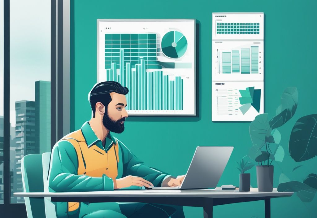 A person analyzing bar graphs and pie charts on a laptop related to RVM in real estate, with a modern photorealistic design and a teal color theme.