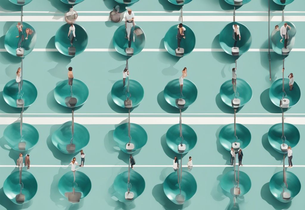 Photorealistic teal-themed illustration of a balance scale with diverse groups of people, symbolizing equal law application, highlighting the concept of being subject to in real estate.