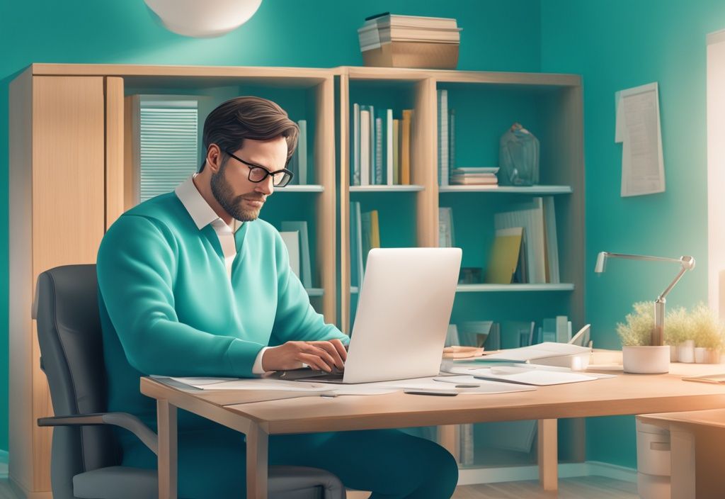 Photorealistic illustration of real estate agent creating a blind ad, featuring teal color theme and blurred house with question mark on computer screen.