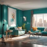 Modern photorealistic illustration of the best camera for real estate photography on a tripod in a teal-themed, well-lit interior.