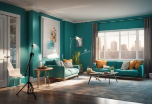 Modern photorealistic illustration of the best camera for real estate photography on a tripod in a teal-themed, well-lit interior.