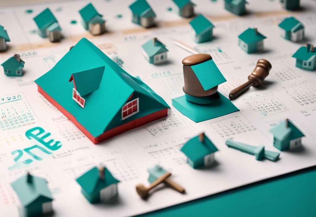 Photorealistic illustration of a gavel on a 2024 calendar with teal theme and miniature houses, symbolizing real estate and legal matters.