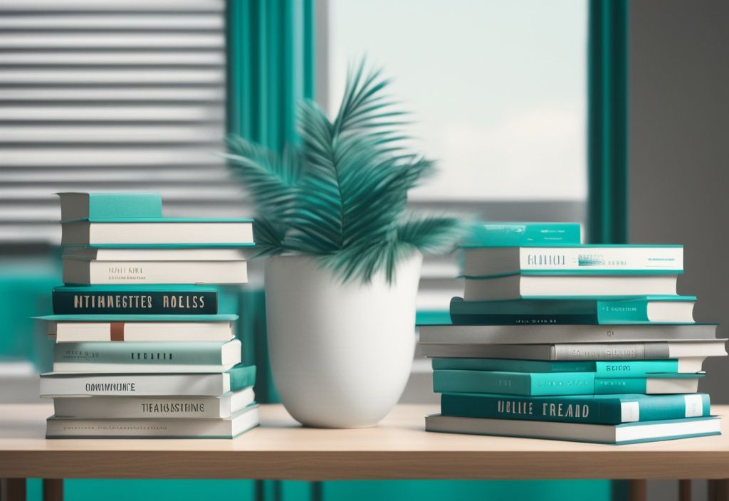 Modern photorealistic illustration of a stack of 10 real estate books for beginners on a table with a teal color theme.