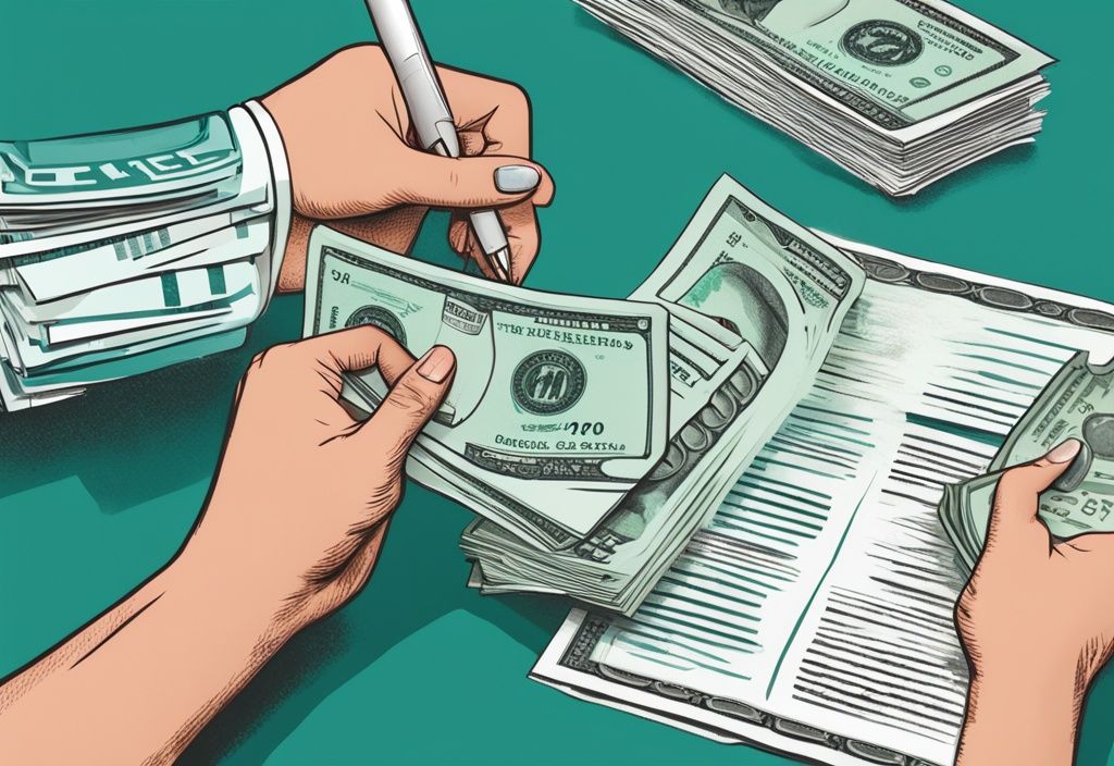 Modern photorealistic illustration of hands exchanging money over a real estate contract with a highlighted "option fee" section, illustrating what is an option fee in real estate.