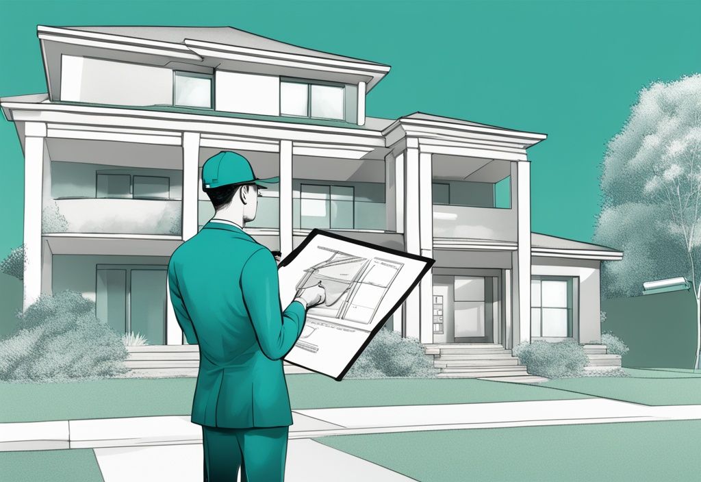 Real estate agent with blueprint, magnifying glass on 'RSF' area, illustrating what is RSF in real estate, teal theme.