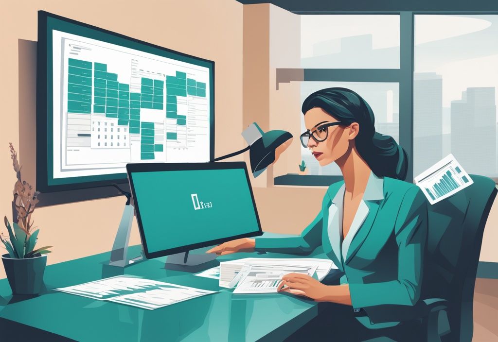 Modern photorealistic illustration of a focused professional at a desk with paperwork, a desktop computer showing a spreadsheet, a for sale sign, and a house model, highlighting the teal-themed complex process of a real estate transaction.