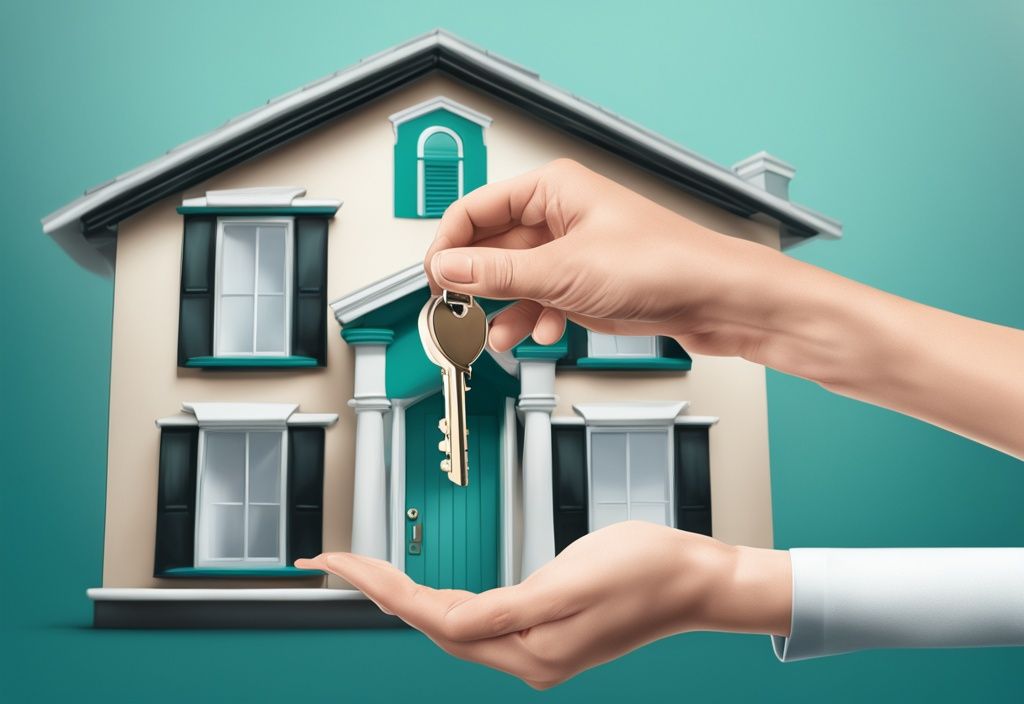 Real estate agent handing house key to new homeowner, teal-themed illustration, property rights conveyance.