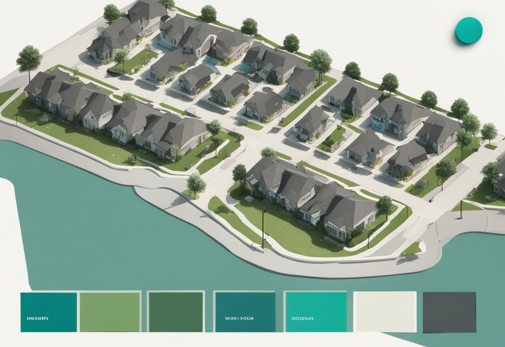 Modern photorealistic map illustration of a residential area in teal, highlighting main property and buffer zone in real estate.