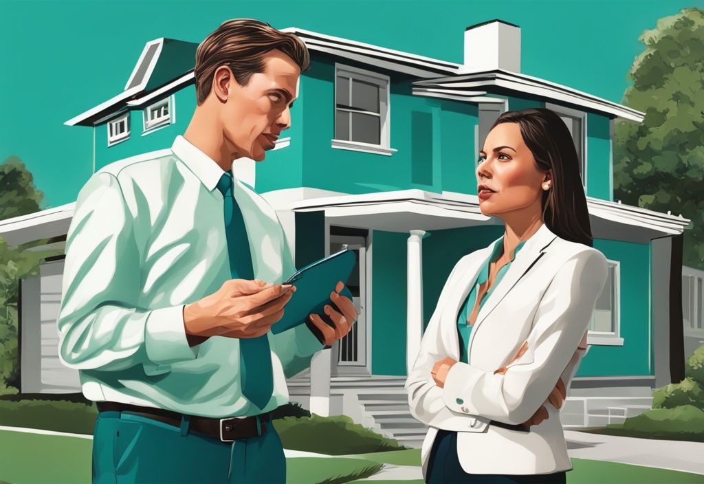 Modern photorealistic illustration of real estate agents discussing a home's hidden major structural issues, highlighting what is a material fact in real estate, with a teal color theme.