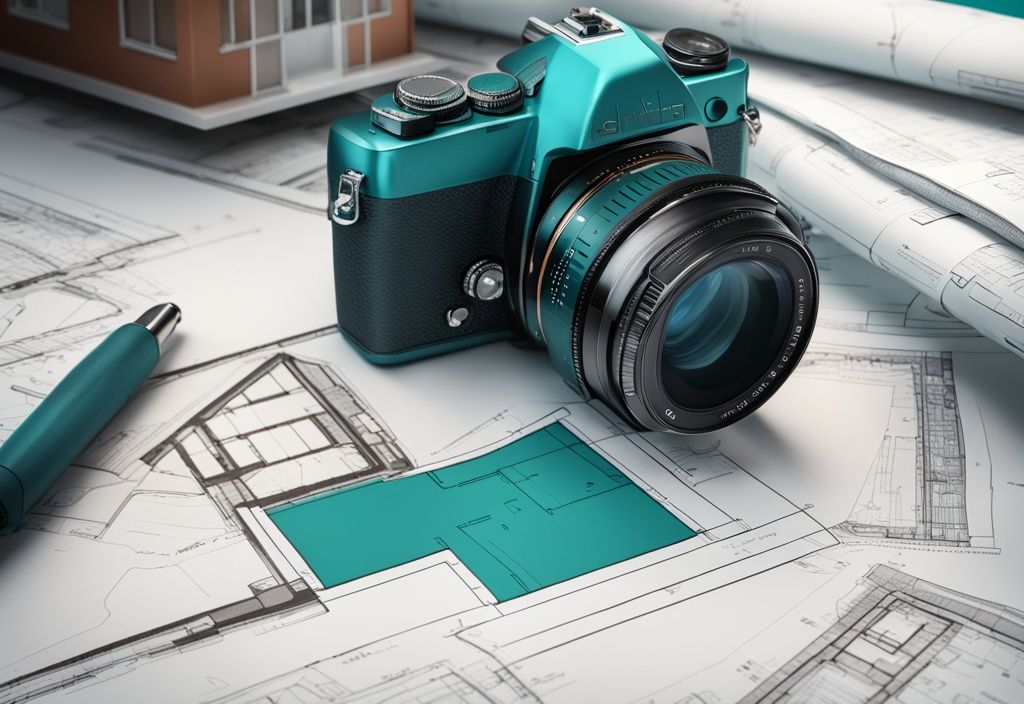 Modern teal-themed photorealistic illustration of a high-end camera on a house blueprint, surrounded by stunning property photos.