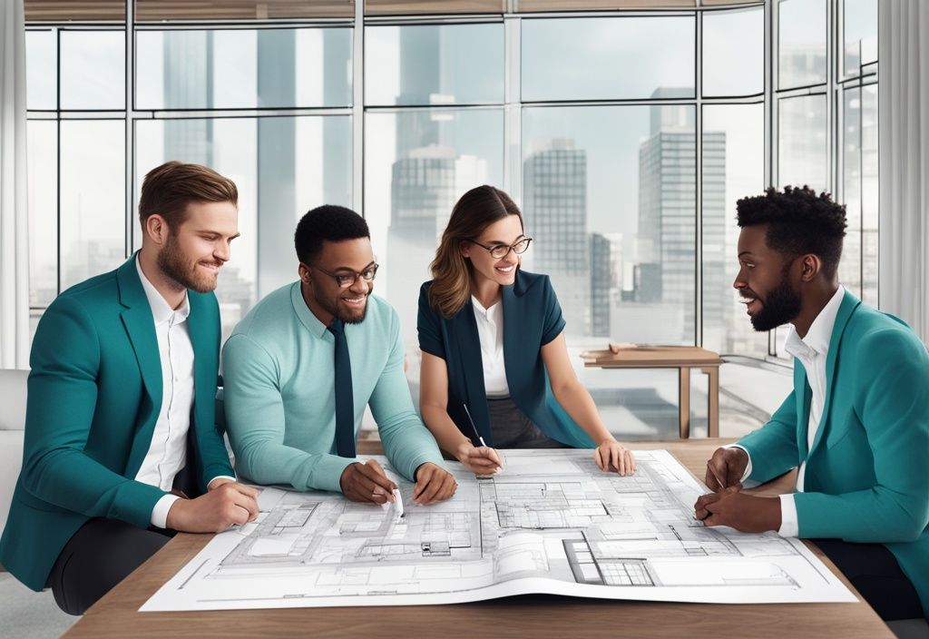 Diverse young professionals discussing a blueprint in a modern teal-themed setting, illustrating the concept of "at what age can you start real estate" in a photorealistic style.