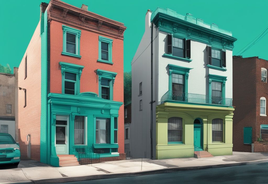 Modern photorealistic illustration of Conversion vs. Commingling in real estate, featuring a split screen with a teal color theme; one side shows an old run-down building (conversion) and the other side displays vibrant residential properties (commingling).